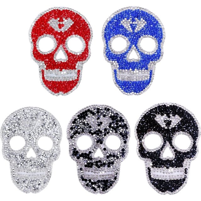 Parches para planchar, parche de reparación con apliques de calavera y diamantes de imitación para ropa, adorno, pantalones vaqueros, sombreros, bolsos, accesorios (calavera)