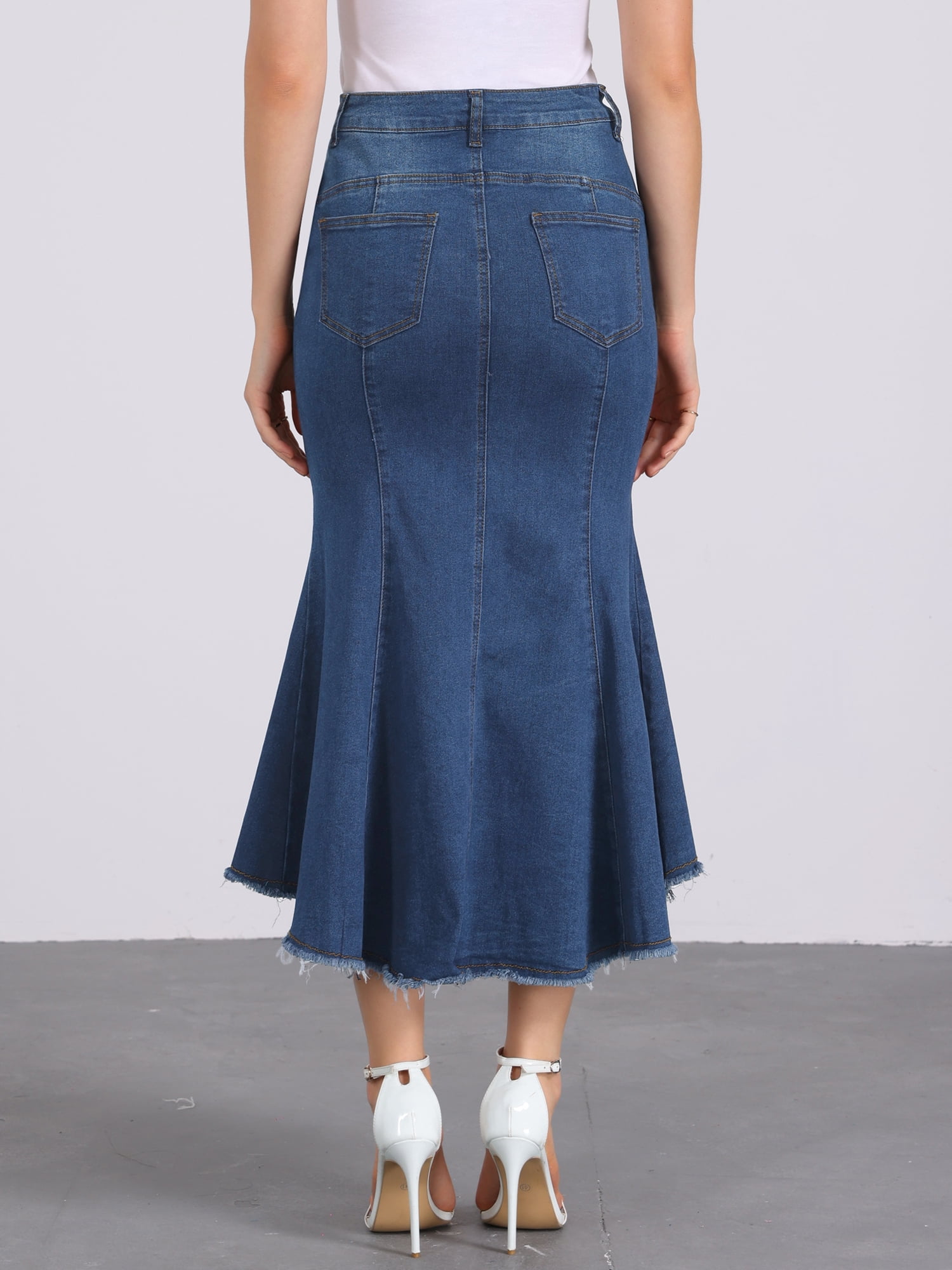 DARING DIVA Women's Raw Hem Fishtail Midi Skirt with Pockets L Deep Blue