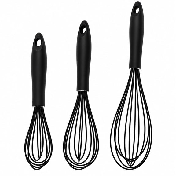 3 Pack Silicone Coated Balloon Whisks, 480°F Heat Resistant Stainless Steel Egg Beater, Non Stick Kitchen Mixing Tool, Black, 9/10/12 inch
