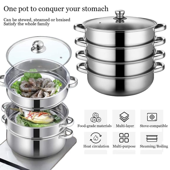 4 Tier Stainless Steel Steamer Pot with Lid, 10.8 Inches Multi-functional Kitchen Food Steamer for Cooking, Steam Pot with Hollow Handles, Suitable for Seafood, Vegetables & More, Silver