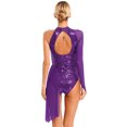 thumbnail image 2 of iEFiEL Women Sequin Figure Ice Skating Dress Costume One Shoulder Long Sleeve Gymnastic Leotard Dress Purple XL, 2 of 7