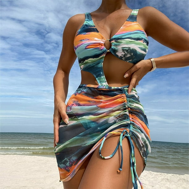 PMUYBHF Female High Waisted Bikini Underwear Black Women's 2 Piece  Swimsuits Bikini sets Halter Bathing Suit with Mesh Cover Up Beach Skirt  Green M 