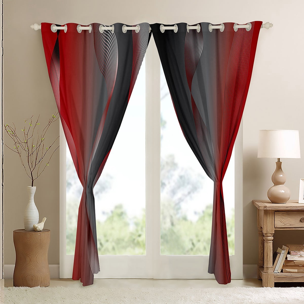 Gradient Red and Grey Black Curtains & Drapes,Irregular Silver Stripe Wave Line Curtains Ombre 30%-50% Blackout Curtains 2 Panels 42"Wx84"L,Abstract Art Room Decor Aesthetic