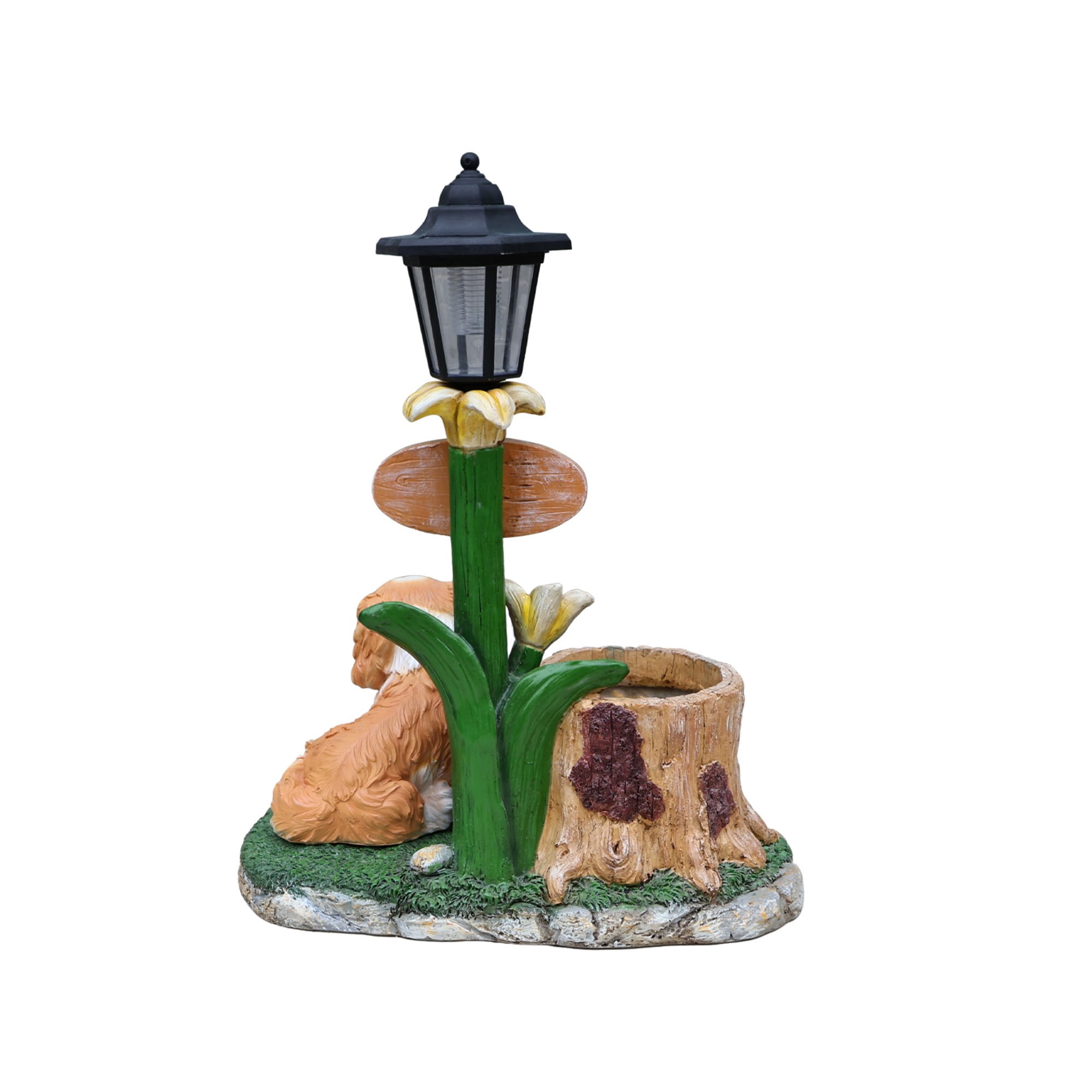 Sitting Dog Solar Lantern Planter Statue with LED Light, Brown Resin Flower Pot Decor, Garden Yard Patio Outdoor