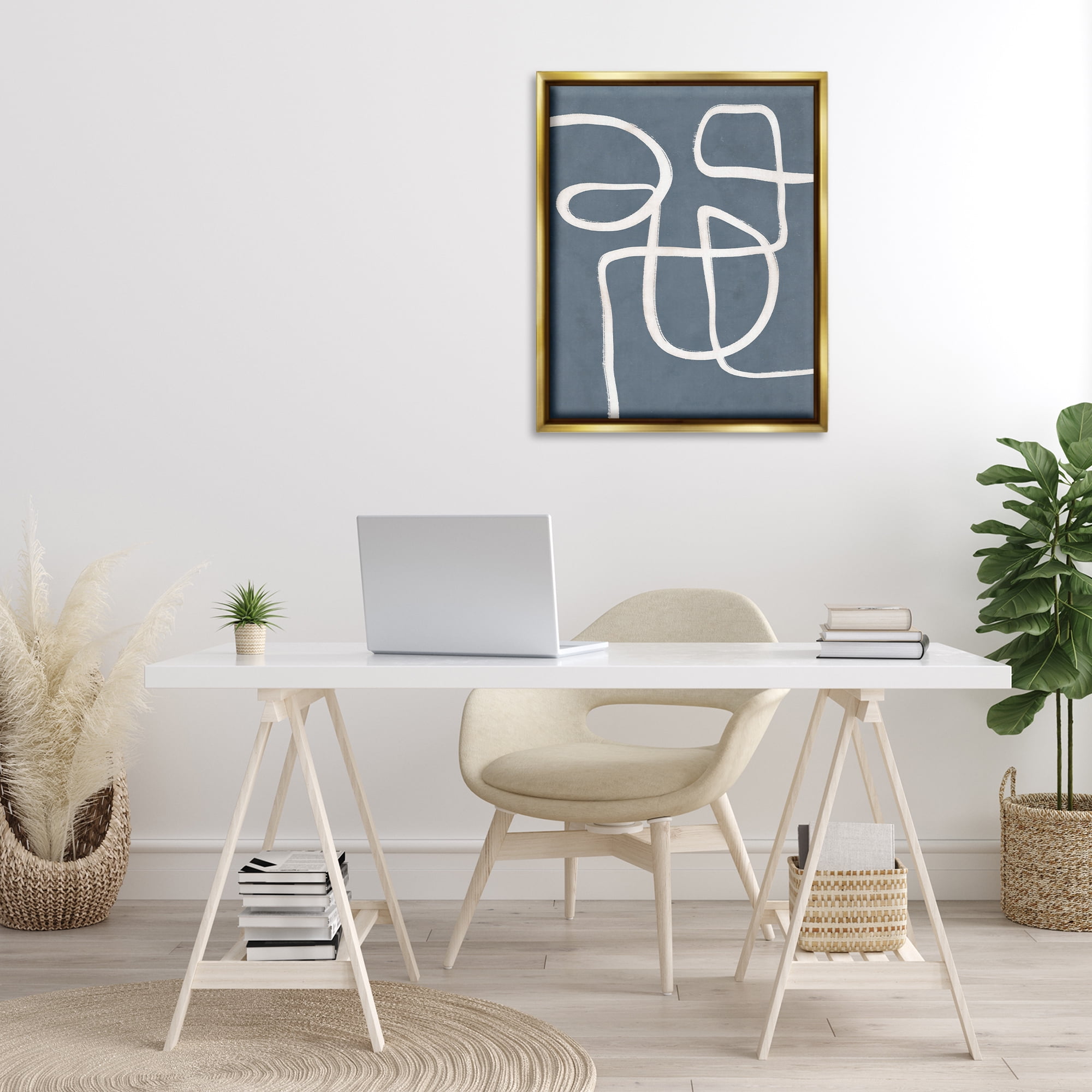 Stupell Industries Freeflow Line on Blue Abstract Painting Gold Floater Framed Canvas Art Print Wall Art, 25 x 31