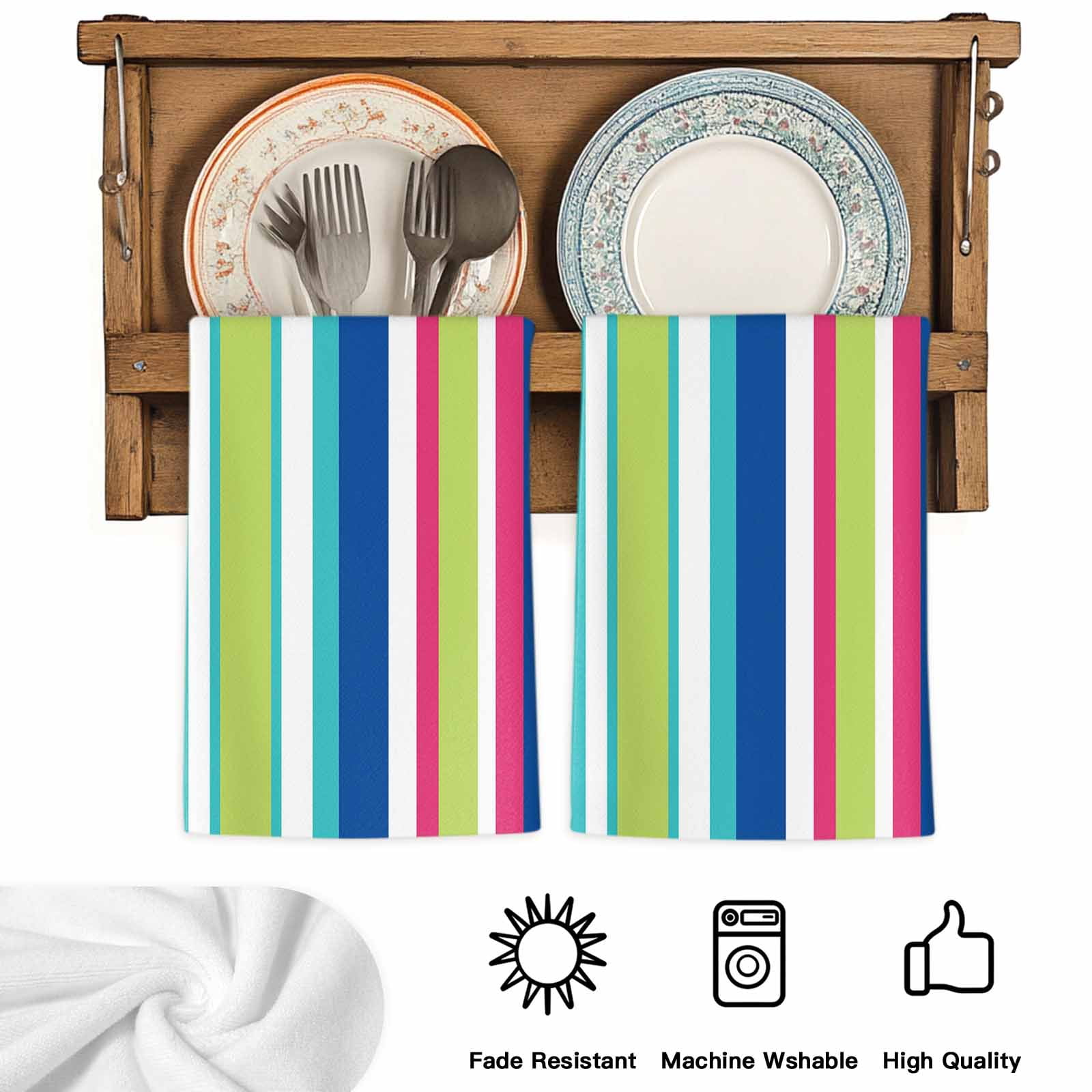 Dish Towels, Pink Blue Green Stripes Absorbent Kitchen Towels 2 PCS, Vertical Striped Lines Microfiber Hand Towels Dish Cloths Tea Towels for Home&nbsp;Bathroom Cleaning Drying,18X28-Inch,