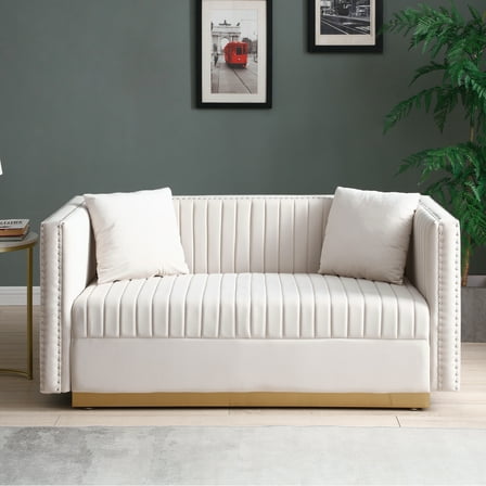 Contemporary Beige Velvet Loveseat Sofa with Vertical Channel Tufting, Modern Upholstered 2-Seater Couch with 2 Pillows for Living Room or Apartment