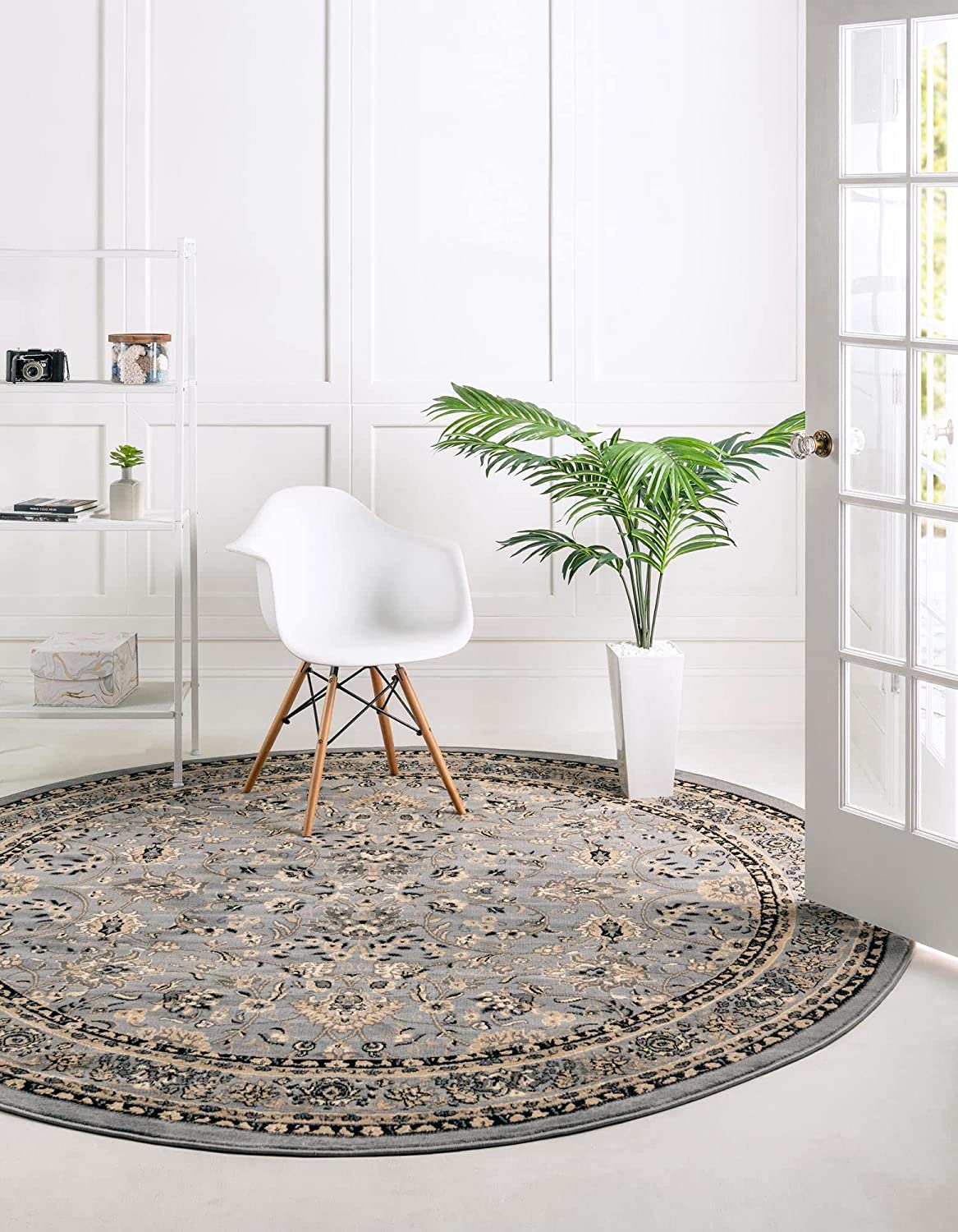 Rugs.com Yasmin Collection Rug – 8 Ft Round Gray Medium Rug Perfect For Kitchens, Dining Rooms