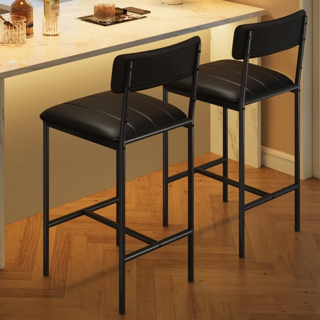 Set of 2 forrado bar stools con backrest y footrest, 25.5 pulgadas high, para kitchen, bar, o island (negra, fácil montaje)