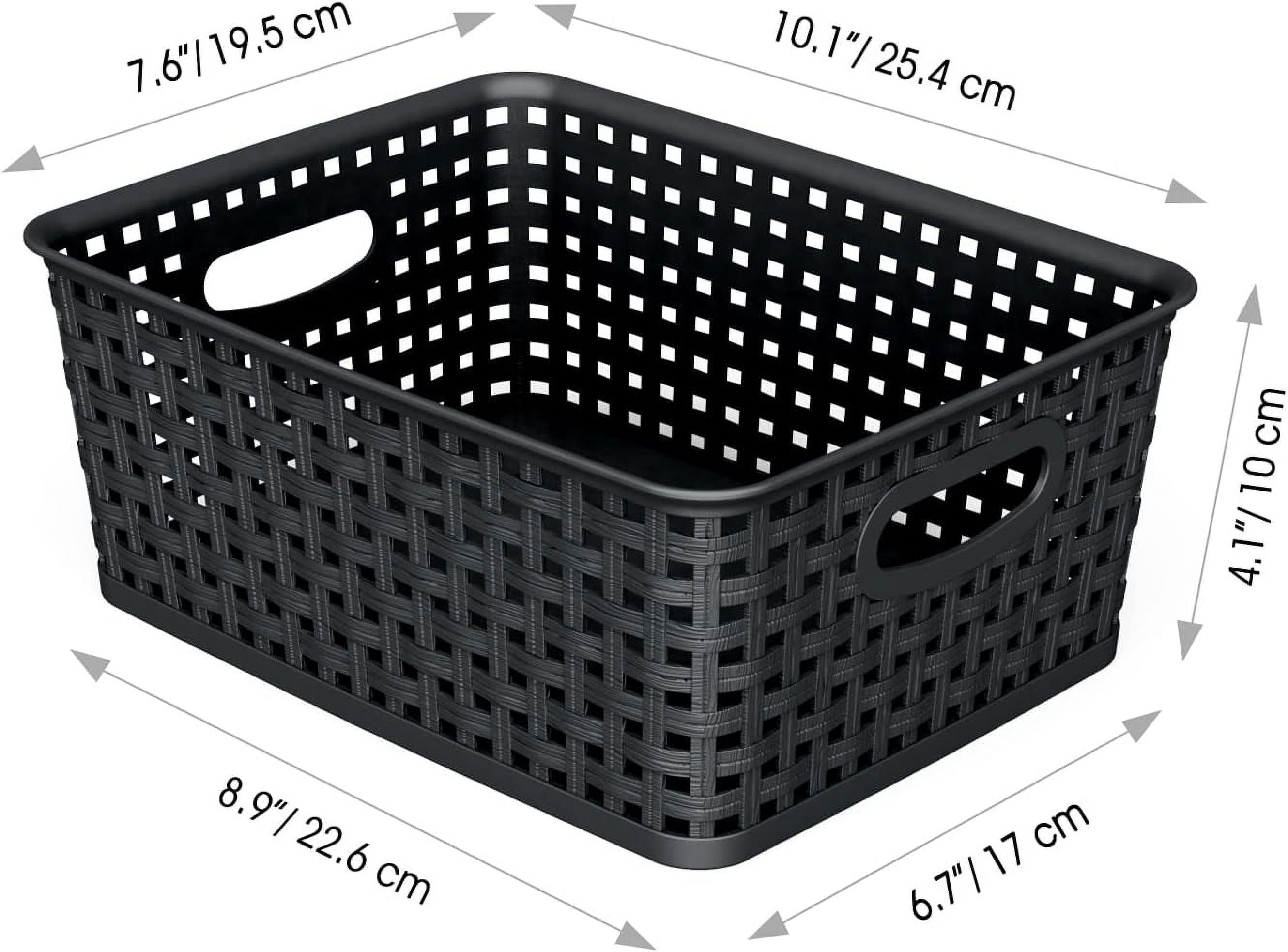 12-Pack Black Woven Plastic Storage Basket – Stackable Organizer (10.1”L x 7.6”W x 4.1”H)