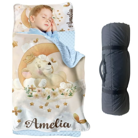 AOLOA Custom Name Lion Toddler Nap Mat Yellow Lion Moon Sleeping Bag Blanket for Daycare Preschool Easy Carry Wash Perfect Kids Travel(Cushions + Pillows22.5 x55 +Blanket size: 33.5 x 45 )