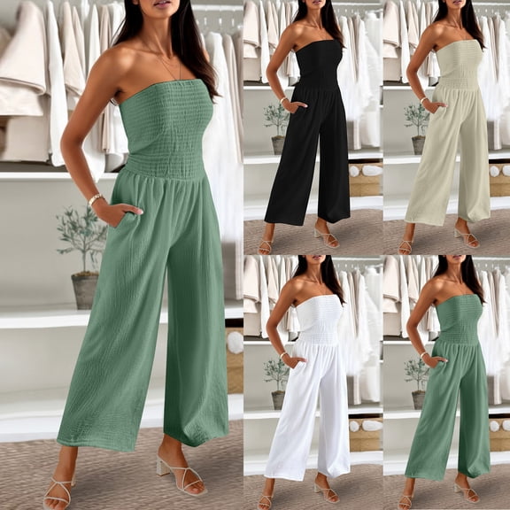 FNFYFH Womens Casual Strapless Summer Jumpsuits Loose Smocked Sleeveless Wide Leg Romper with Pockets
