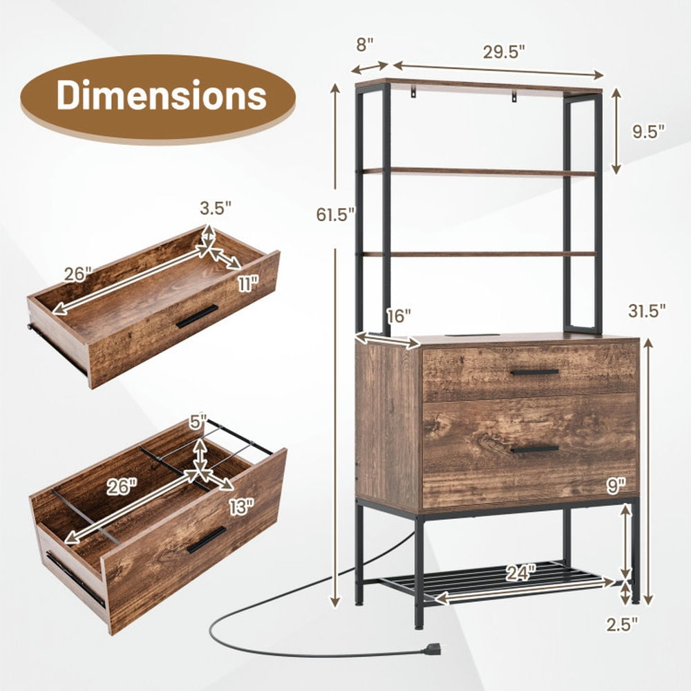 Demi Bonn 2 Drawer Freestanding File Cabinet with Charging Station and 3-Tier Open Shelves, Brown