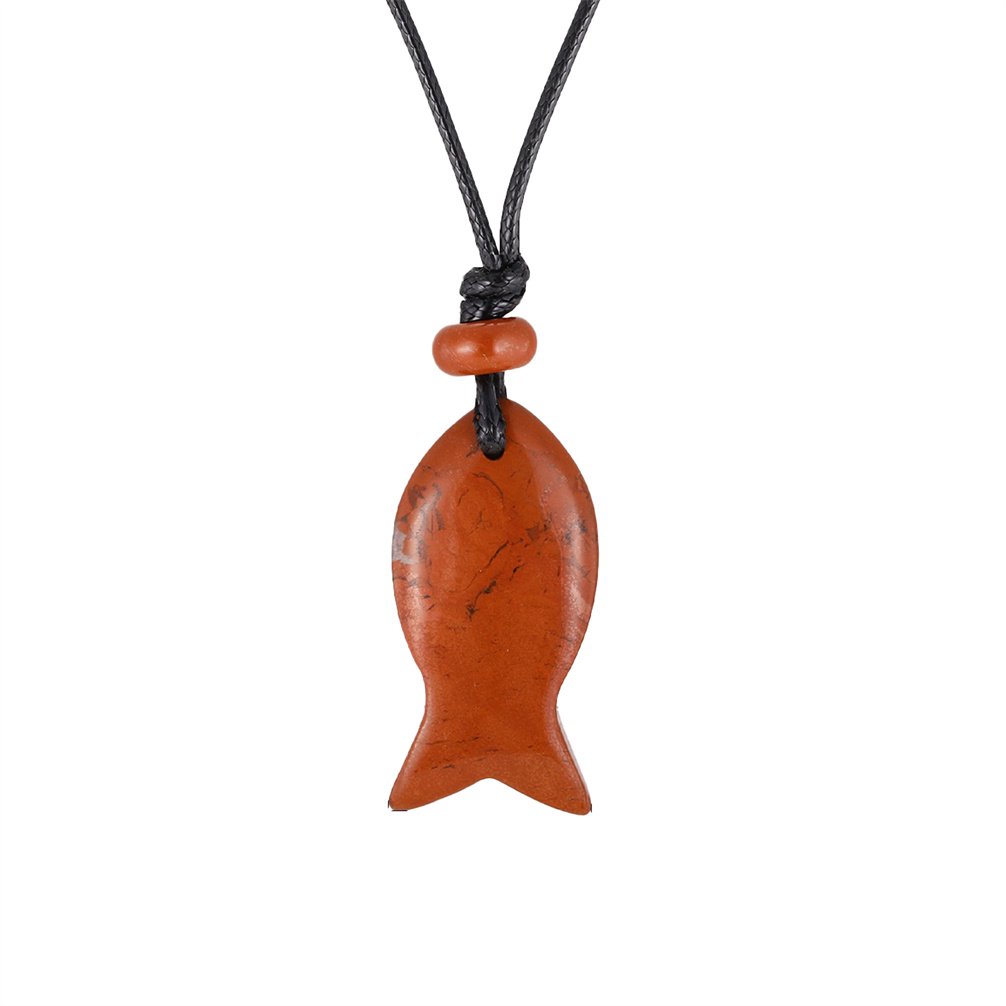HIRPLIS Stone Fish Pendant Necklace for Women Men Adjustable Wax Cord Stainless Steel Gold Plated Religious Prayer Faith Punk Statement Personalized Gift Jewelry Brown