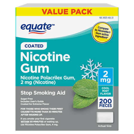 Equate Coated Nicotine Polacrilex Gum, 2 mg (nicotine), Stop Smoking Aid, Mint , 200 Ct
