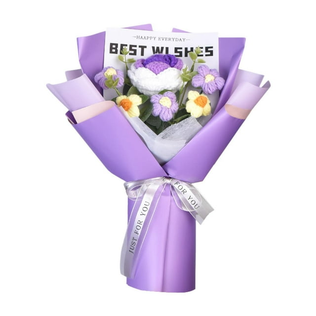 Ramo de flores de ganchillo, ramo de punto hecho a mano, flores artificiales para la madre Rosa púrpura