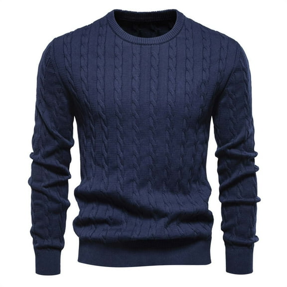 ZCFZJW Men's Pullover Sweater Lightweight Fall Crewneck Cable Knit Long Sleeve Sweater Classic Soft Knitted Sweaters with Ribbing Edge Navy L