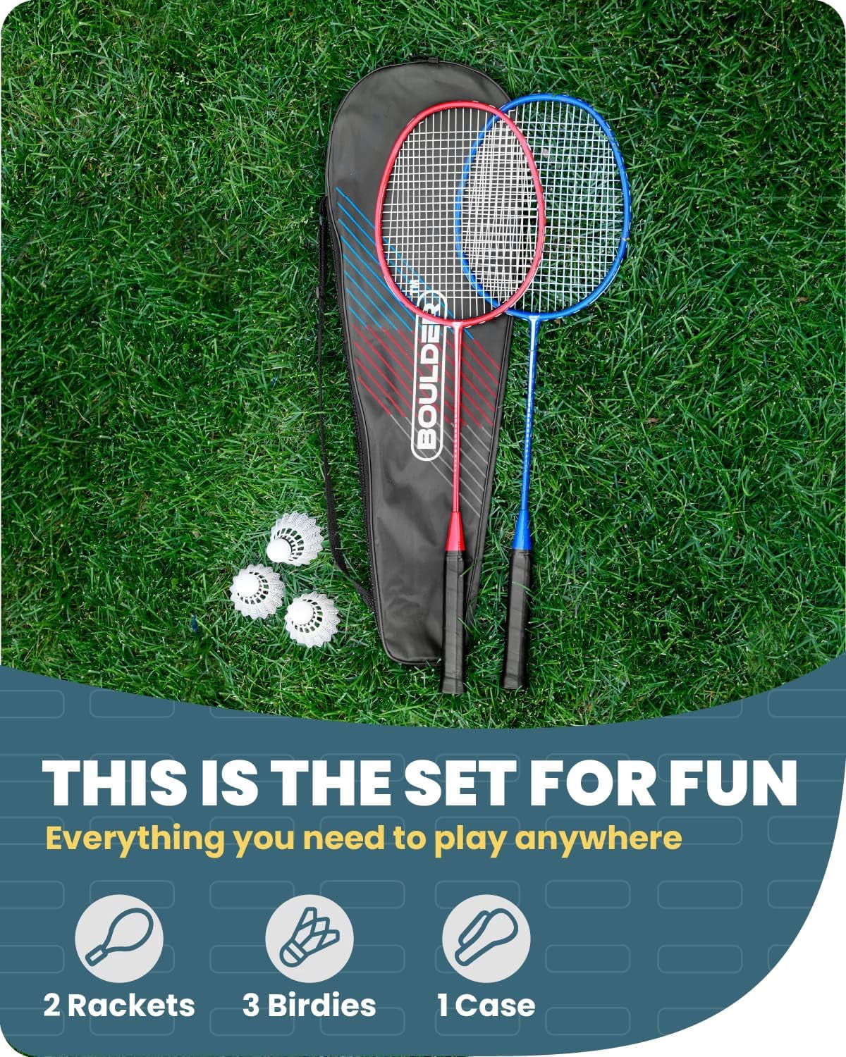 Boulder Sports Badminton Rackets - Lightweight Badminton Racket Set with 3 Shuttlecocks and Racquet Case - Badminton Set for Backyard or Outdoor Games
