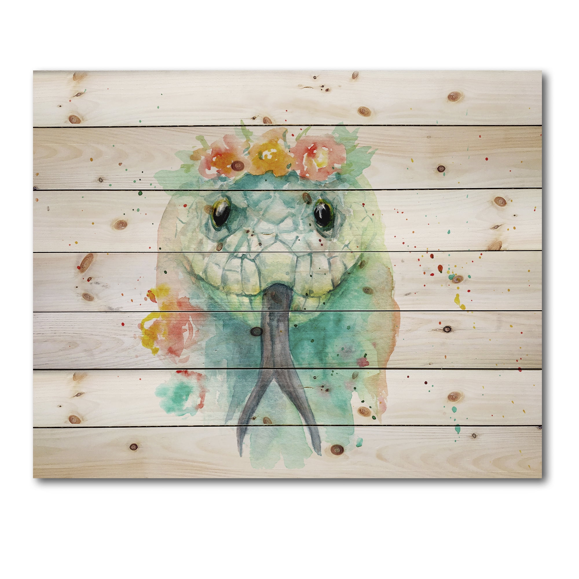 Designart 'Portrait A Green Snake In Flowers' Farmhouse Print on Natural Pine Wood