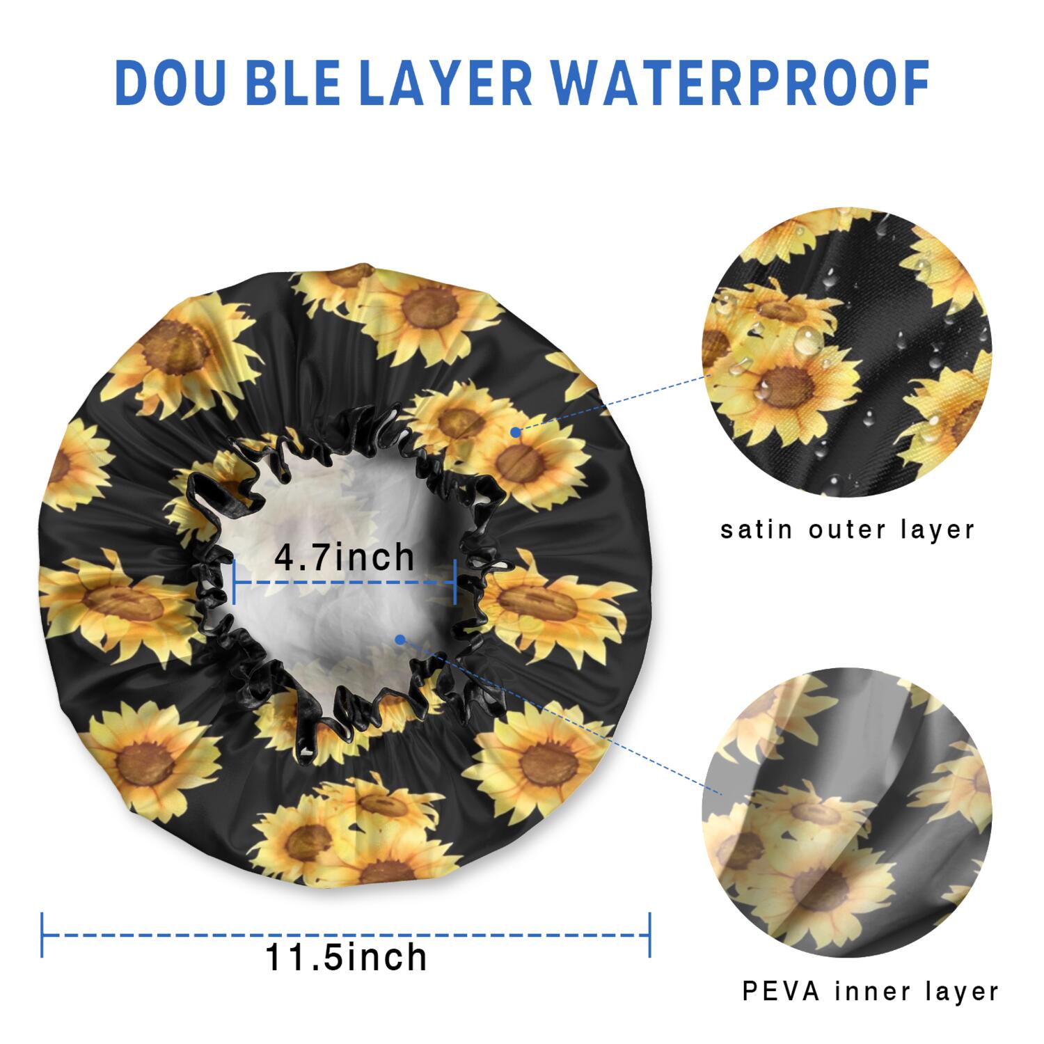 Shower Caps,Black Yellow Sunflower Pattern Waterproof Shower Cap for Women 4 Pieces,Double Reusable Hair Cover for Shower PEVA Elastic Stretch Hem