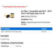 Air Filter - Compatible with 2017 - 2019 Ford F-350 Super Duty 6.2L V8 2018