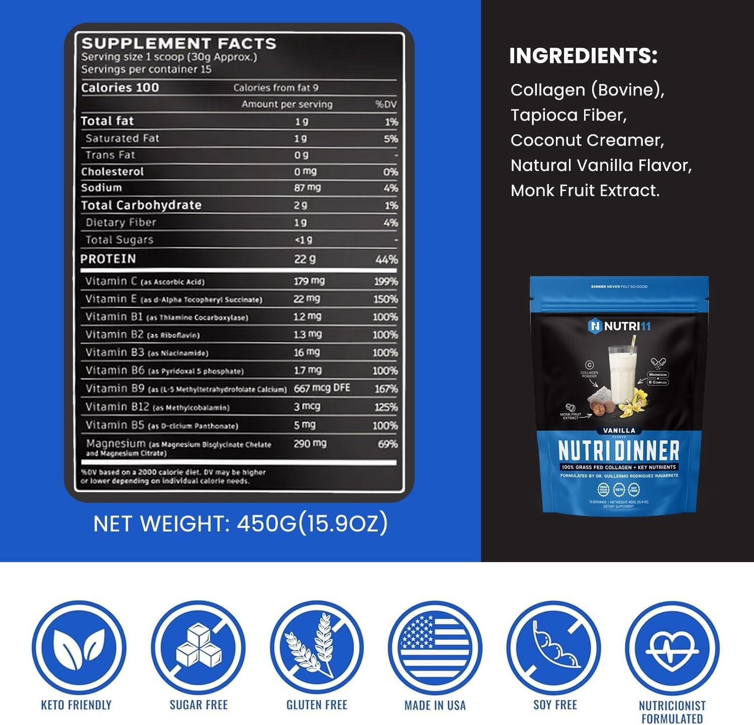 NutriDinner by Nutrillermo | Grass-Fed Collagen Protein Powder | Collagen with Magnesium B-Vitamins | Collagen Supplement for Sleep and Recovery (14,9, Vanilla)
