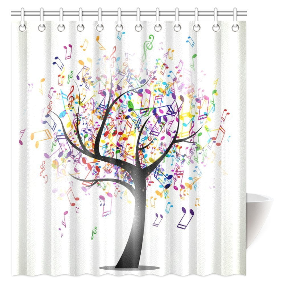 POP Music Shower Curtain, Tree of Life With Musical Notes Branch Happy