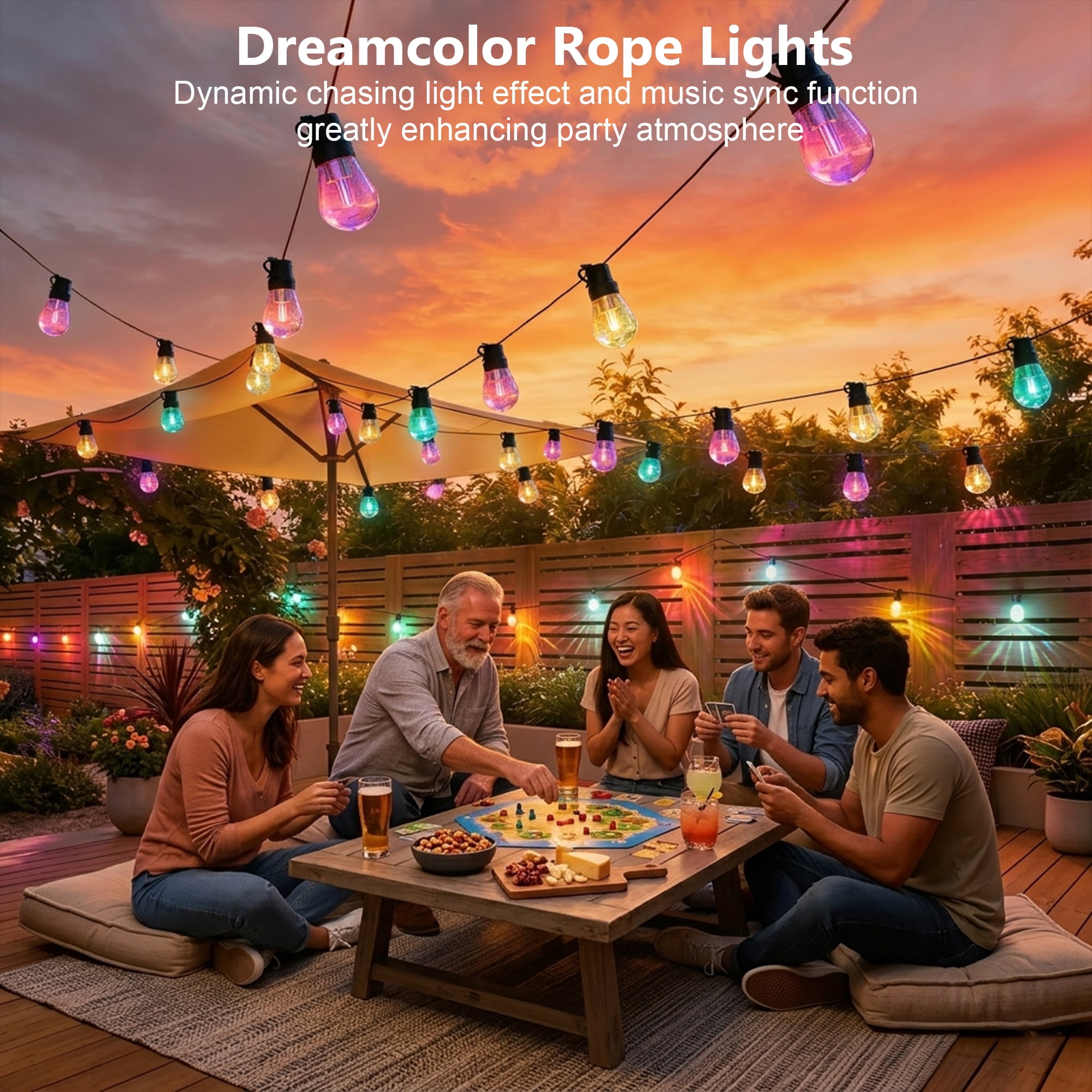 150FT RGB+IC Outdoor String Lights, Outside Light Dimmable Shatterproof LED Bulbs, IP67 Waterproof Chasing Effect Lighting DreamColor Patio Strip Lights for Backyard, Balcony, Outdoor Living