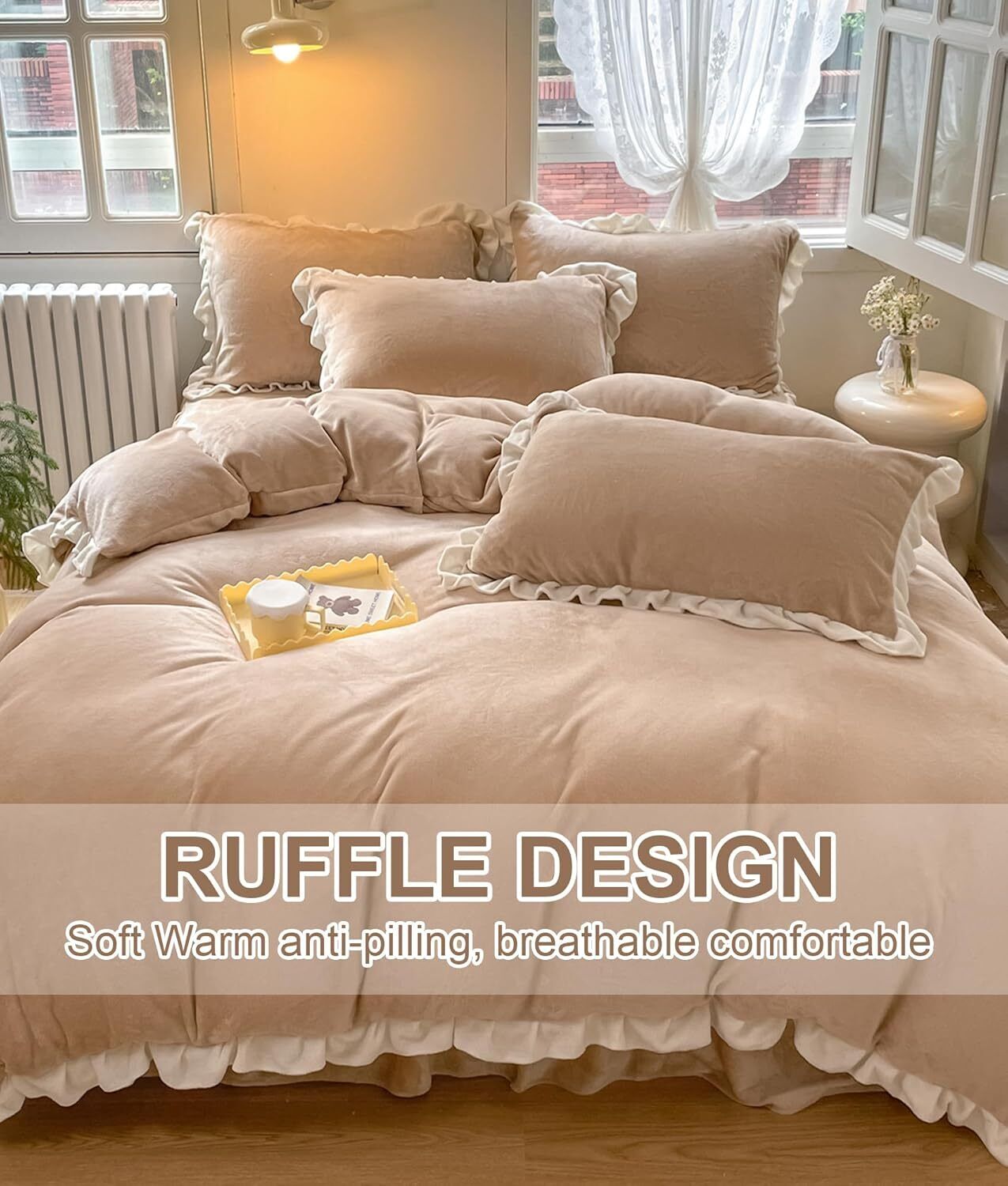 TOPCHANCES 3 Piece Duvet Cover Set, Soft Velvet Fabric Bedding Sets with Zipper Closure and 1 Pillowcase (Light Brown, Twin Size)