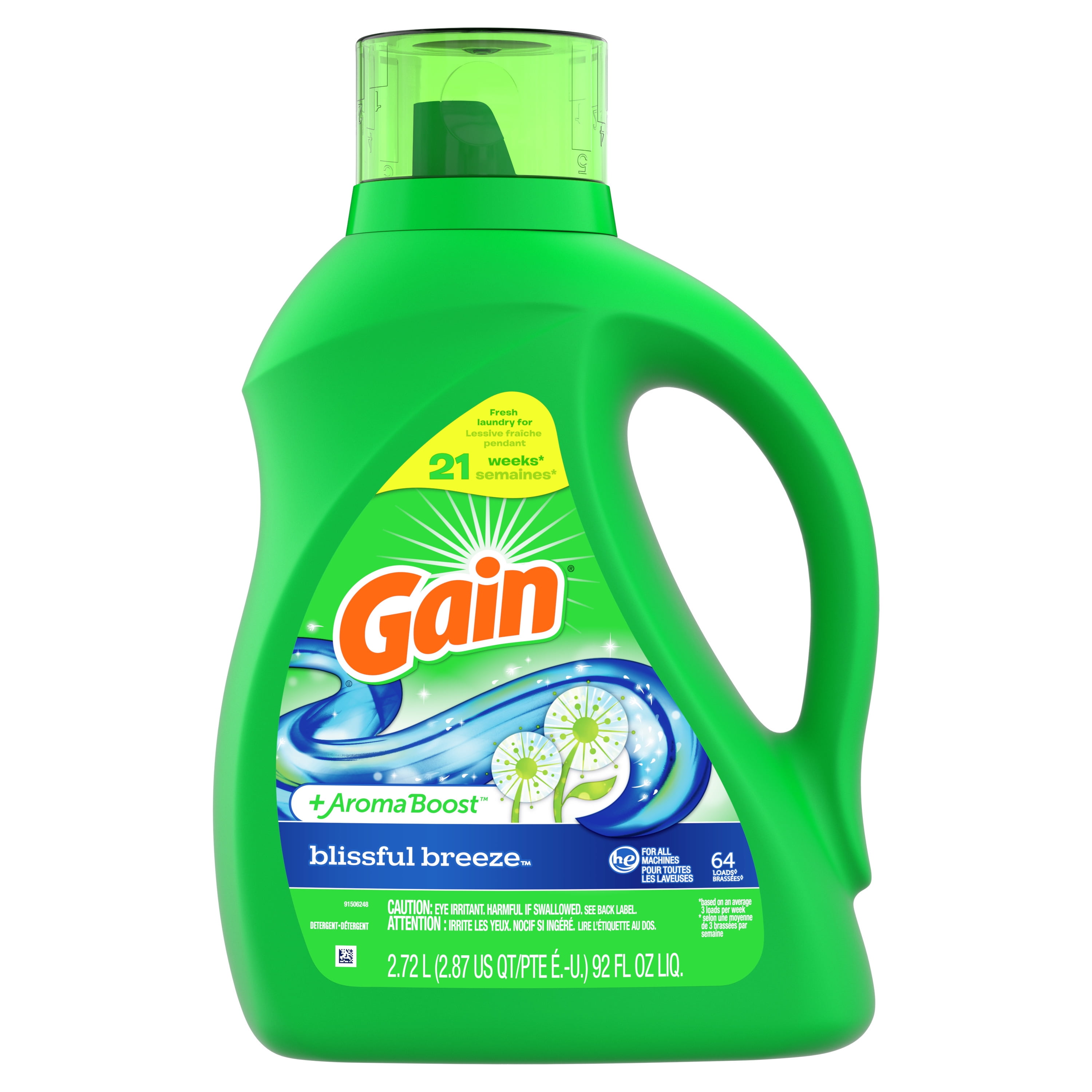 Gain + Aroma Boost Liquid Laundry Detergent, Blissful Breeze Scent, 64 Loads, 92 fl oz