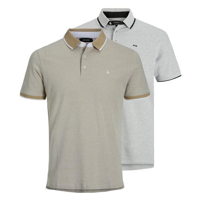 JACK&JONES polos hombre, pack de 2 - JJEPAULOS POLO 2PK, manga corta, color liso, algodón Beige/Gris L (Large)