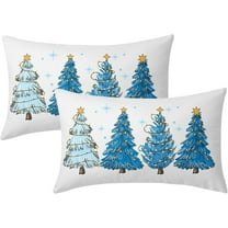 Blue Christmas Tree Lumbar Throw Pillow Covers 12X20 In Set of 2 Xmas Tree Lights Stars Decorative Rectangle Pillow Cases Winter Holiday Pillow Cover Farmhouse Home Decor For Living Room Sofa Couch