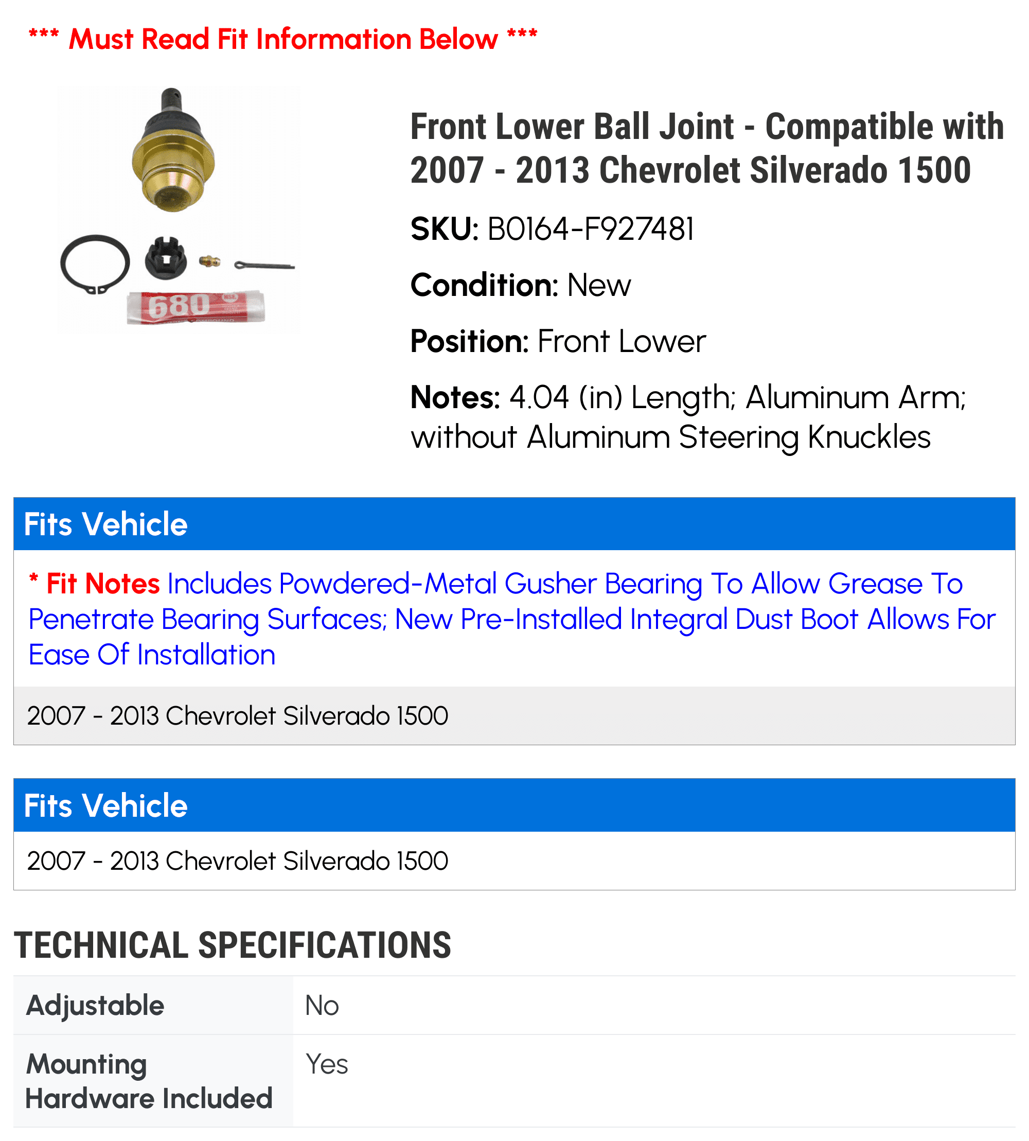 Front Lower Ball Joint - Compatible with 2007 - 2013 Chevy Silverado 1500 2008 2009 2010 2011 2012