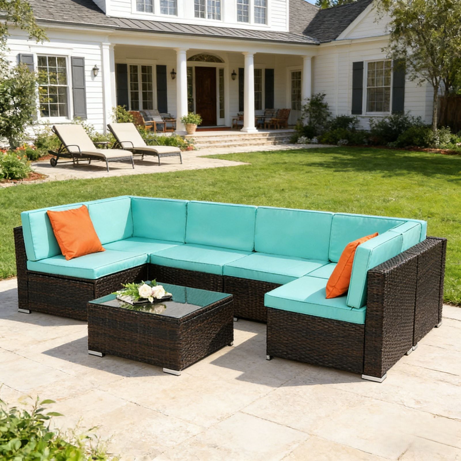 Ktaxon 7 Piece Black Rattan Sofa Set Lake Blue Cushions with Storage Table Boho Living Room Furniture