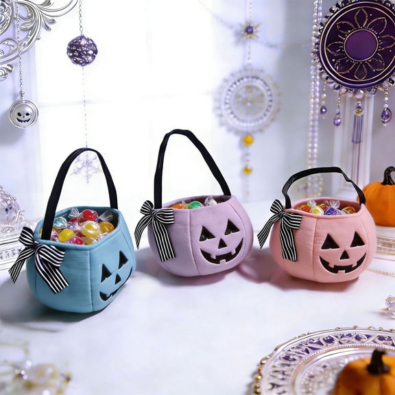 UALSRZL Trick or Treat Bags, Handheld Bow Halloween Candy Bucket, Pumpkin Candy Bucket for Halloween Costume Accessories Candy Gift Bag, Purple