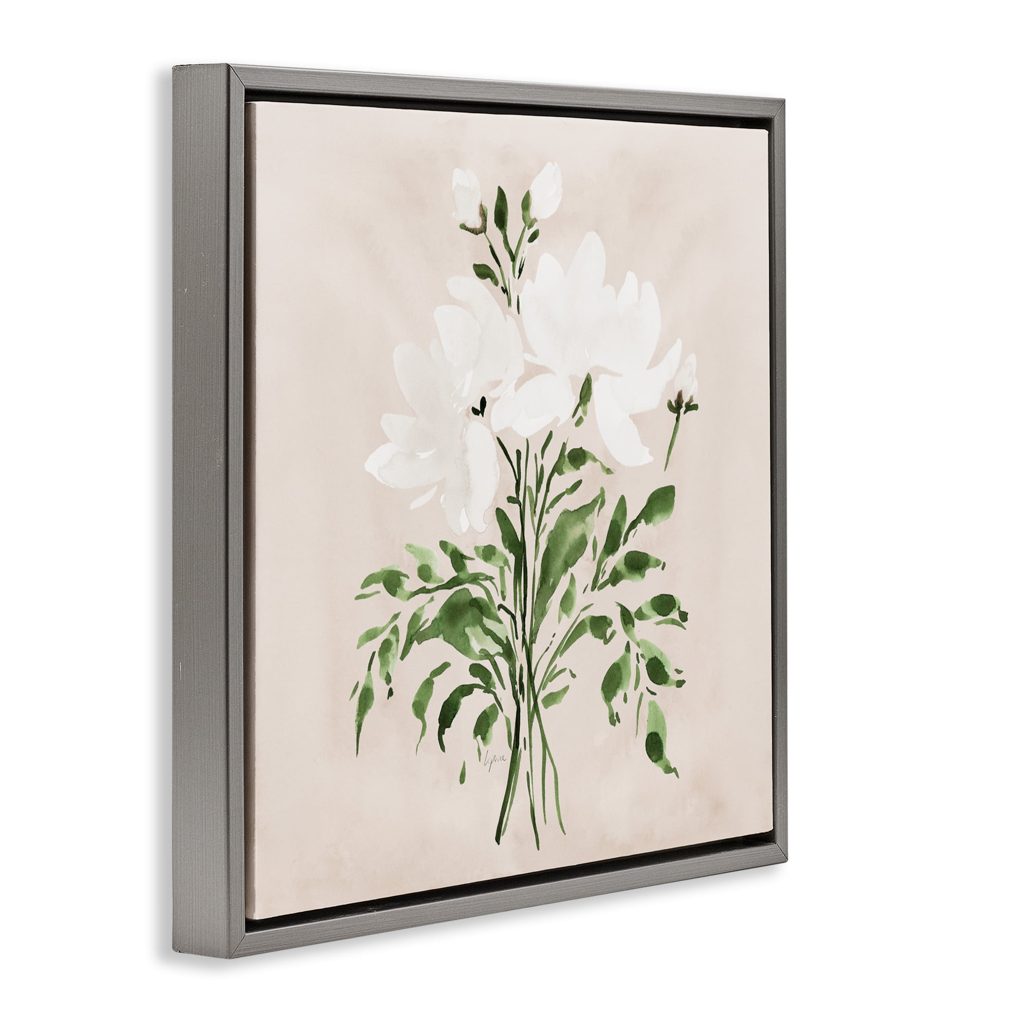 Stupell Industries White On Tan Floral Gray Framed Floater Canvas Wall Art, design by Lucille Price