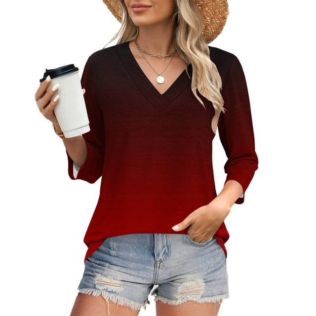 Babysbule T-Shirt Décontracté pour Femmes Col en V Manches 3/4 Coupe Ample Imprimé Dégradé Blouse Confortable Mode pour Usage Quotidien