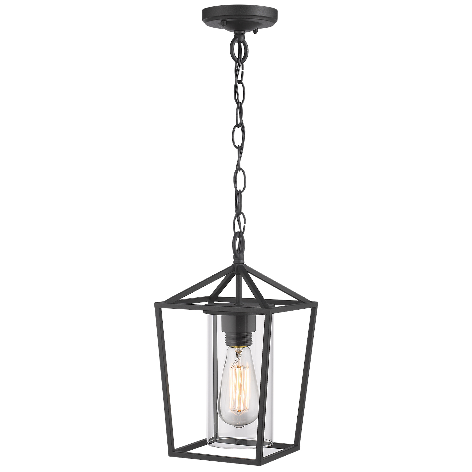 Black Modern Outdoor Pendant Light Caged 1-Light Outdoor Hanging Lantern Light Balck Finish with Cylinder Clear Glass Outdoor Weather Resistant Pendant Light for Wet Location - image 1 of 10