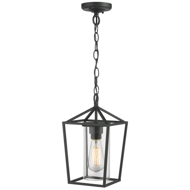 Black Modern Outdoor Pendant Light Caged 1-Light Outdoor Hanging Lantern Light Balck Finish with Cylinder Clear Glass Outdoor Weather Resistant Pendant Light for Wet Location