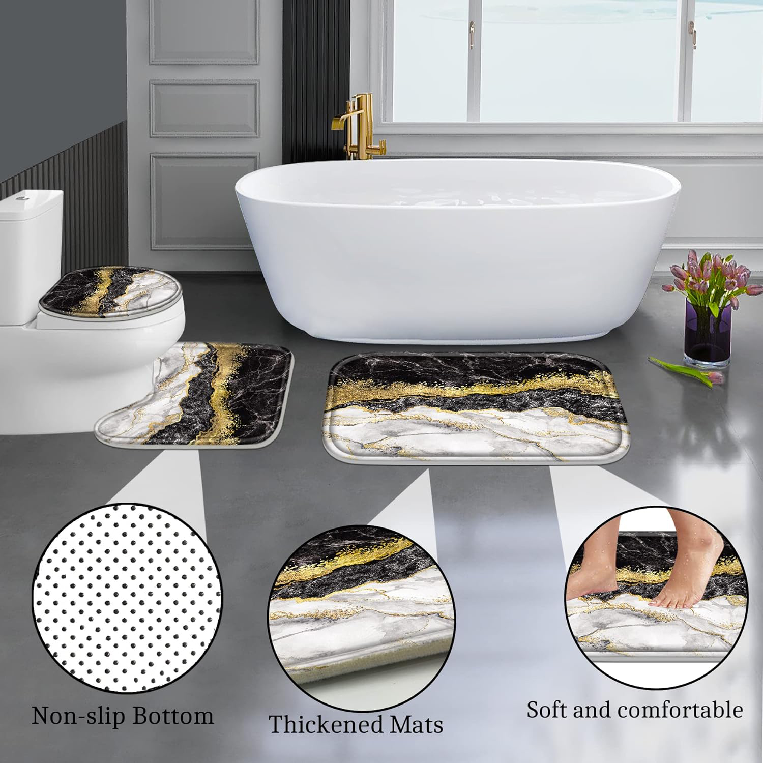 FRAMICS Black Gold Marble Shower Curtain Sets with Rugs, 16 Pc Modern Abstract Bathroom Sets, Waterproof Fabric Bathroom Curtain Decor with Hooks