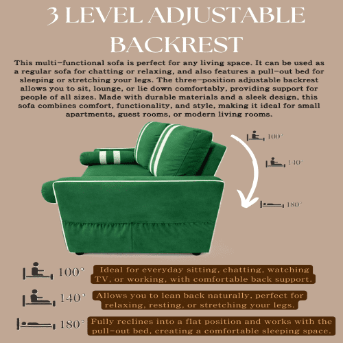 68.5 Inch Green 2-Seater Pull Out Sleeper Sofa Bed with USB Charging Port, 3-Position Adjustable Backrest Convertible Loveseat for Living Room, Guest Room, Apartment