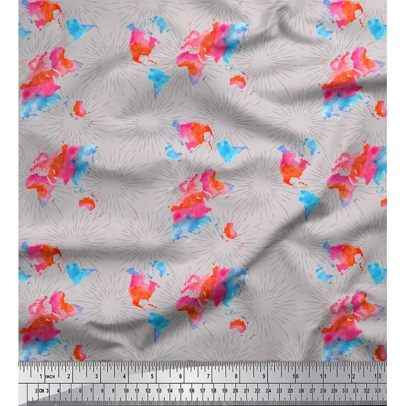 Soimoi Gray Cotton Voile Fabric World Map Decor Fabric Printed Yard 42 Inch Wide