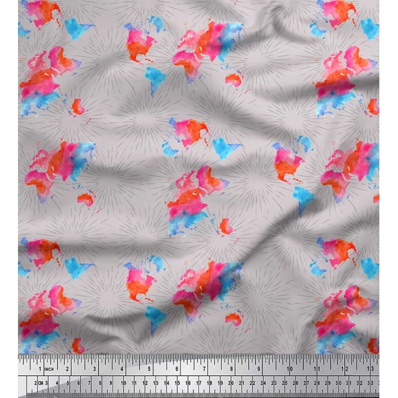Soimoi Gray Poly Georgette Fabric World Map Printed Craft Fabric by the Yard 42 Inch Wide