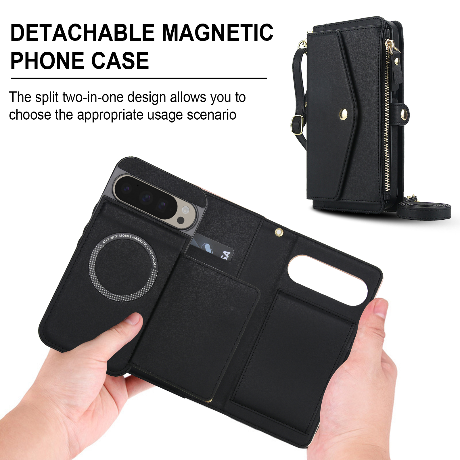 Designed for Google Pixel 8 Multi-Function Wallet Phone Case,With Shoulder Strap&Wrist Strap,Cash Pocket&Card Slots,Zipper Purse,Magnetic Detachable PU Leather Flip Phone Case,Black