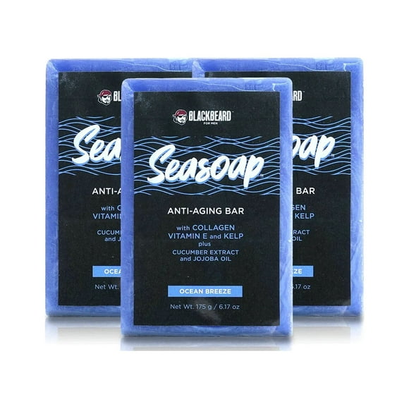 Blackbeard for Men Savon en Barre Anti-âge pour Hommes avec Collagène, Vitamine E et Varech Marin - Savon Nettoyant Hydratant pour le Corps et le Visage (Lot de 3)
