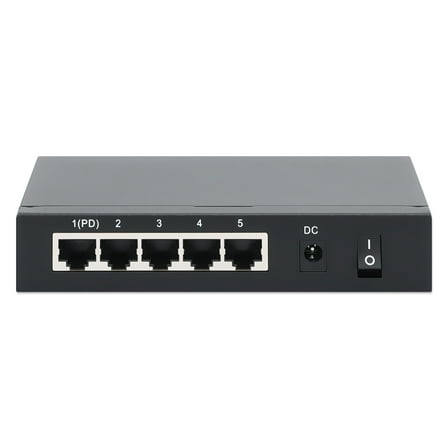 Intellinet PoE-Powered 5-Port Gigabit Switch with PoE-Passthrough | 60W, Rear-facing Ports, Fanless, Desktop Format, Wall-mount Option | NDAA-compliant