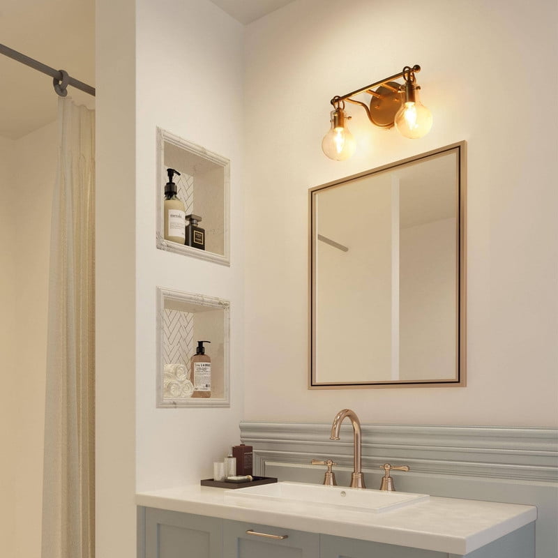 LNC 2-Light Gold Round Clear Glass Modern Bathroom Vanity Lighting Fixutre,14"Lx8"Hx4.5"D