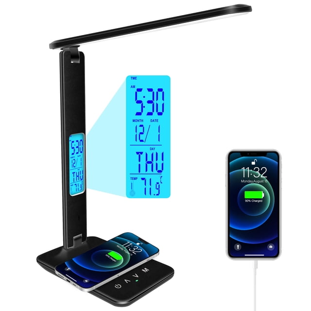 Lámpara de escritorio snsok con cargador inalámbrico, puerto USB, reloj, alarma