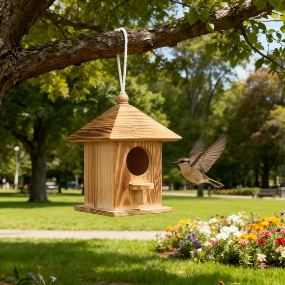 Casa-Comedero para Aves de Madera Colgante de Exterior, Acabado Quemado Rústico, Jaula Decorativa de Madera Sólida