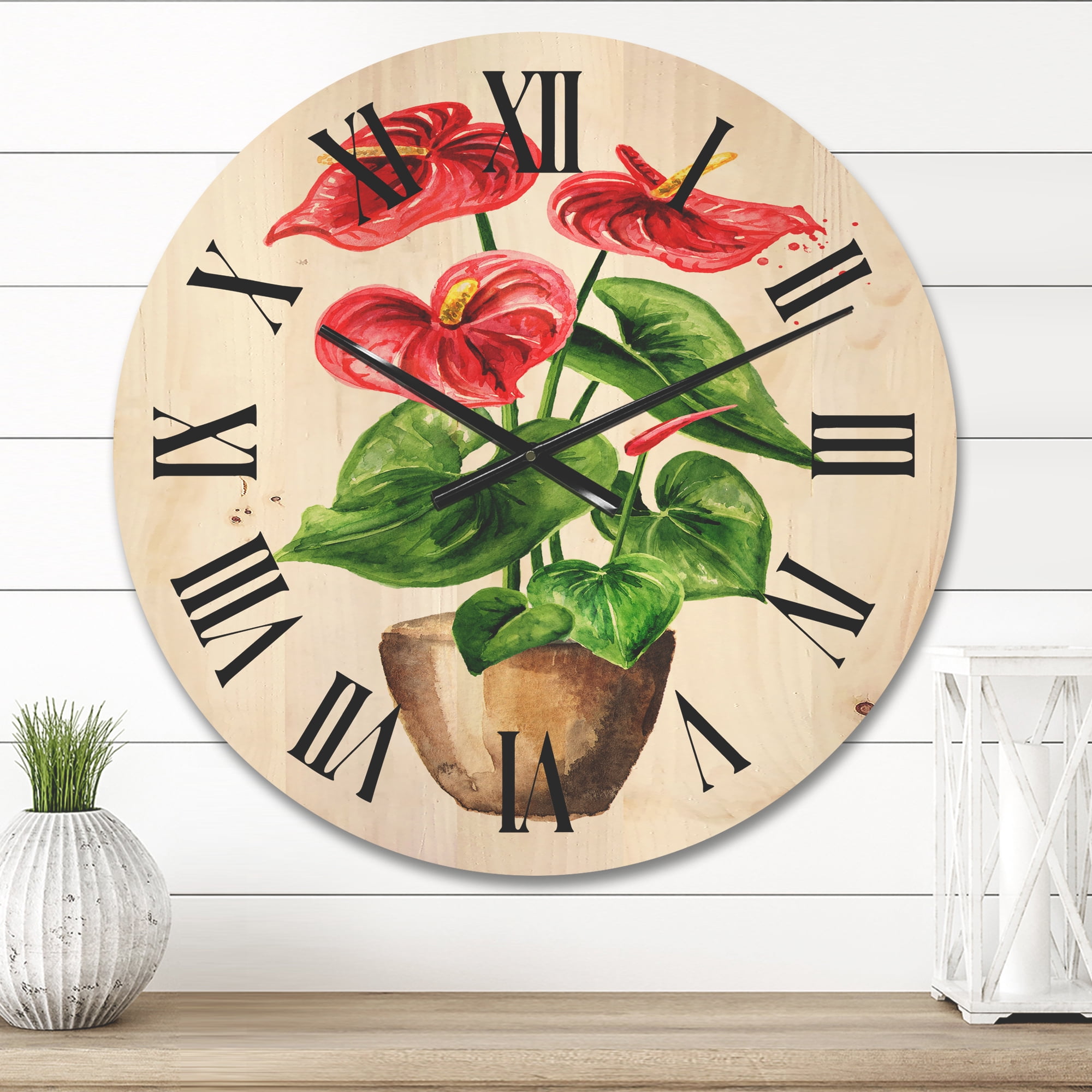 Designart 'Anthurium Tailflower In The Pot' Traditional Wood Wall Clock